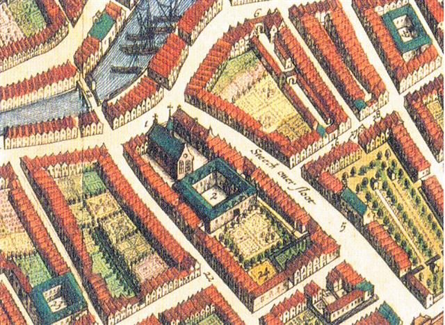  Oude tekening van Dordrecht met de Augustijnenkerk, het klooster (pandhof) en de kloostertuin
